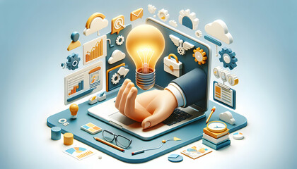 3d flat icon as idea incubator hand on laptop with icons representing idea development and growth. i