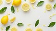 Generative AI : Whole and half sliced lemon with green leaves isolated on white background. Top view. Flat lay.