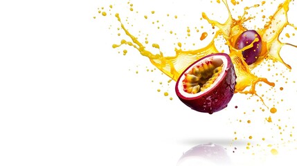 Poster - Generative AI : Red passion fruit with passionfruit juice splash flying in the air isolated on white background