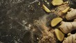 Generative AI : Ginger root and ginger slice. Fresh ginger root and ground ginger spice.