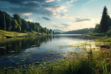 Wall Mural - Nature of Poland. Summer landscape. Water lilies on the river. Generative AI Art. Beautiful view.