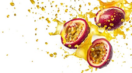 Poster - Generative AI : Red passion fruit with passionfruit juice splash flying in the air isolated on white background