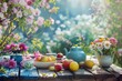 A rustic wooden table adorned with colorful fruit tea refreshments set against a backdrop of blooming spring flowers, captured in the style of a vintage film photograph