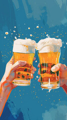 Wall Mural - Illustration of two beer mugs on a blue background, created with generative AI technology 