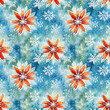Vibrant watercolor seamless pattern with snowflakes and flowers on blue background.