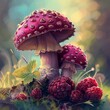 Radiant raspberry shining next to mellow mushroom, bright colors, clean background, Realistic HD characters, mushroom tranquil