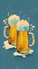 Wall Mural - Illustration of two beer mugs on a blue background, Oktoberfest concept, created with generative AI technology 