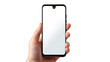 person hand holding modern mobile phone with blank screen with copyspace isolated at white background. Cellphone mockup,Touch screen mobile phone, in hand with clipping path