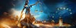 3D illustration of Lady Justice with EU flag in bright background Copy space image Place for adding text or design