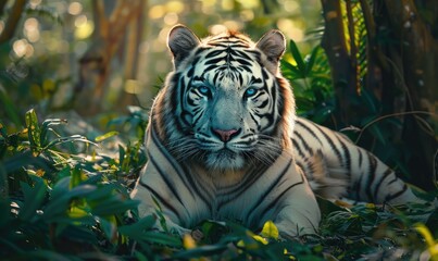 White tiger in green lush closeup portrait