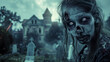 scary halloween background with a zombie girl on a graveyard