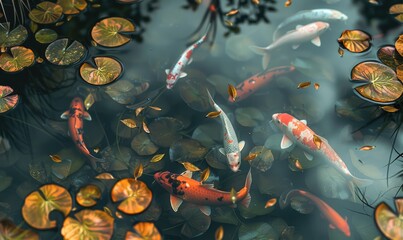 Wall Mural - A koi pond with colorful fish swimming among water lilies and floating leaves