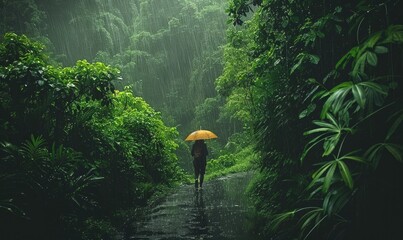 Wall Mural - A person walking through a forest during a gentle rain
