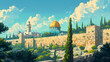 Jerusalem wall blending, Al-Aqsa embraced by the ancient city walls, Old City surrounding it, a mix of history and contemporary life, Generative Ai