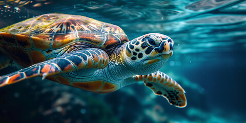 sea turtle swimming among colorful coral reef in beautiful clear water ocean background