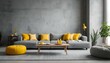 Loft interior design of modern living room, home. Tufted grey sofa with yellow pillows and plaid near tv unit and vibrant yellow pouf in room with concrete wall.
