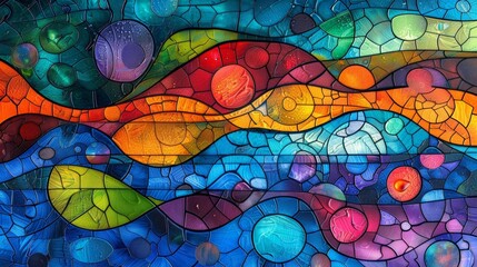 Wall Mural - a colorful stained glass painting of a fish and water, ai