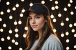 Young Woman wearing baseball hat stands in front of lights