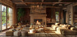 Terracotta stone, rustic fireplace, and earthy tones in an inviting upscale living room.