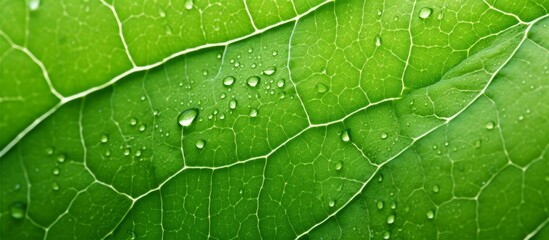 Wall Mural - Captured up close, a single leaf is displayed covered in glistening water droplets, enhancing its natural beauty