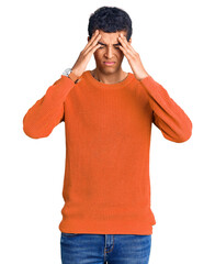 Poster - Young african amercian man wearing casual clothes suffering from headache desperate and stressed because pain and migraine. hands on head.