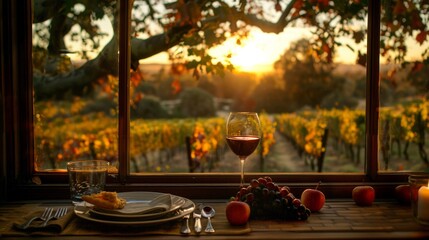 Wall Mural - A table with a glass of wine and some food on it, AI