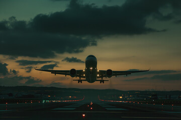 Wall Mural - At an airport, a passenger aircraft is taking off from runway Generative AI