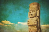 Fototapeta Zachód słońca - Vintage image of Toltec Warriors or Atlantes columns at Pyramid of Quetzalcoatl in Tula, Mexico..