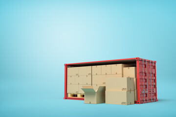 Wall Mural - 3d rendering of red shipping container filled with cardboard boxes and wooden pallets on blue background.