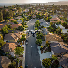 Poster - Aerial view of a residential neighborhood, with a drone patrolling the area