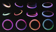 Abstract set of bright circle light effect. Colorful glowing ring frame. HUD podium portal.