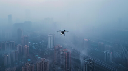 Poster - Drone equipped with air quality sensors, monitoring pollution levels in urban areas to support environmental management