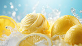 Fototapeta Uliczki - Citrus ice cream with flying fruit slices ingredients, dessert food background