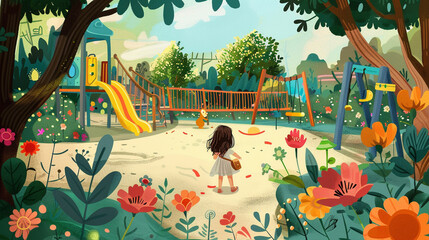 Wall Mural - girl, scared, walking towards a playground, lots of flowers