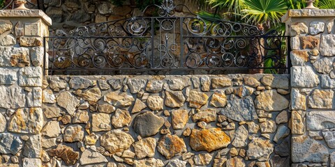 Poster - stone wall with integrated wrought iron sections