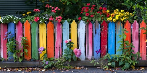 Canvas Print - whimsical picket fence painted with a myriad of vibrant colors, incorporating built-in planters for a lively garden touch around the home