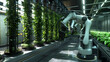 Vertical Farming Robotics, robots tending to vertical farming towers indoors, adjusting light and nutrient levels to optimize plant growth