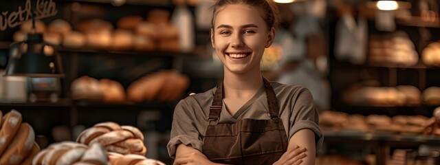 bread bakery store female woman baker shop owner smiling concept of food industry occupation job as baker catering service