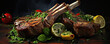 Grilled Lamb Chops with Garlic, tomatoes, lemon, on old wooden table