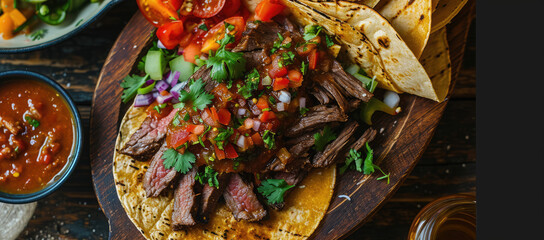 Plate of steak tacos with salsa and tortillas