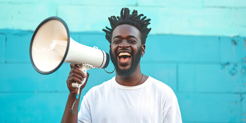 Wall Mural - Happy African American man holding a megaphone