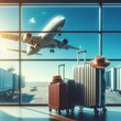 The picture captures travel-ready luggage in an airport terminal, awaiting departure. In the serene background, an airplane is seen taking off into the clear blue sky. It represents a mix of mode...