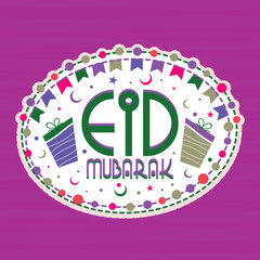 Canvas Print - Eid Mubarak Greeting Card design with bunting decoration, Beautiful Frame with Stylish Text Eid Mubarak, Gifts, Moons and Stars, Elegant Islamic Background for Muslim Community Festival