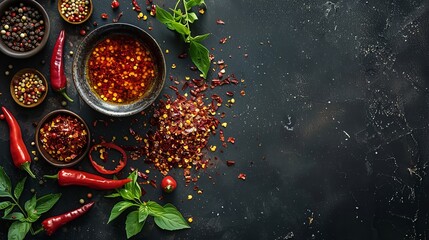 Wall Mural - Spicy condiment portrayed in a bowl over a dark setting, assembled with an alloy of dry chili flakes, spicy oil, and raw hot peppers and space, Generative AI.