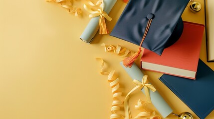 Wall Mural - Top view of graduation hat on yellow backdrop with books and a big space for text or product advertisement, Generative AI.