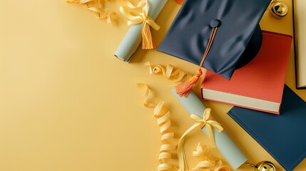 Top view of graduation hat on yellow backdrop with books and a big space for text or product advertisement, Generative AI.