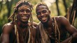 Smiling African men working outdoors embracing their indigenous culture 