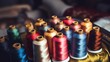 Spool sewing craft thread textile material tailor fashion multi colored close up 