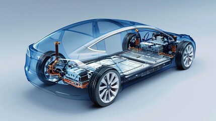 Electric Vehicle Chassis with battery pack on white background.