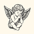 © Kate - Baby angel praying with wings, Baby child. Vector graphic line art illustration